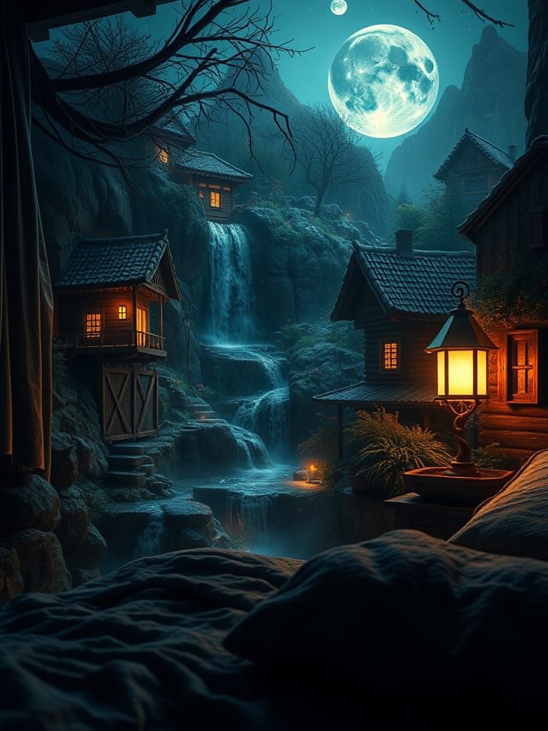 Waterfall Village Lamp Lights Cute Bedroom