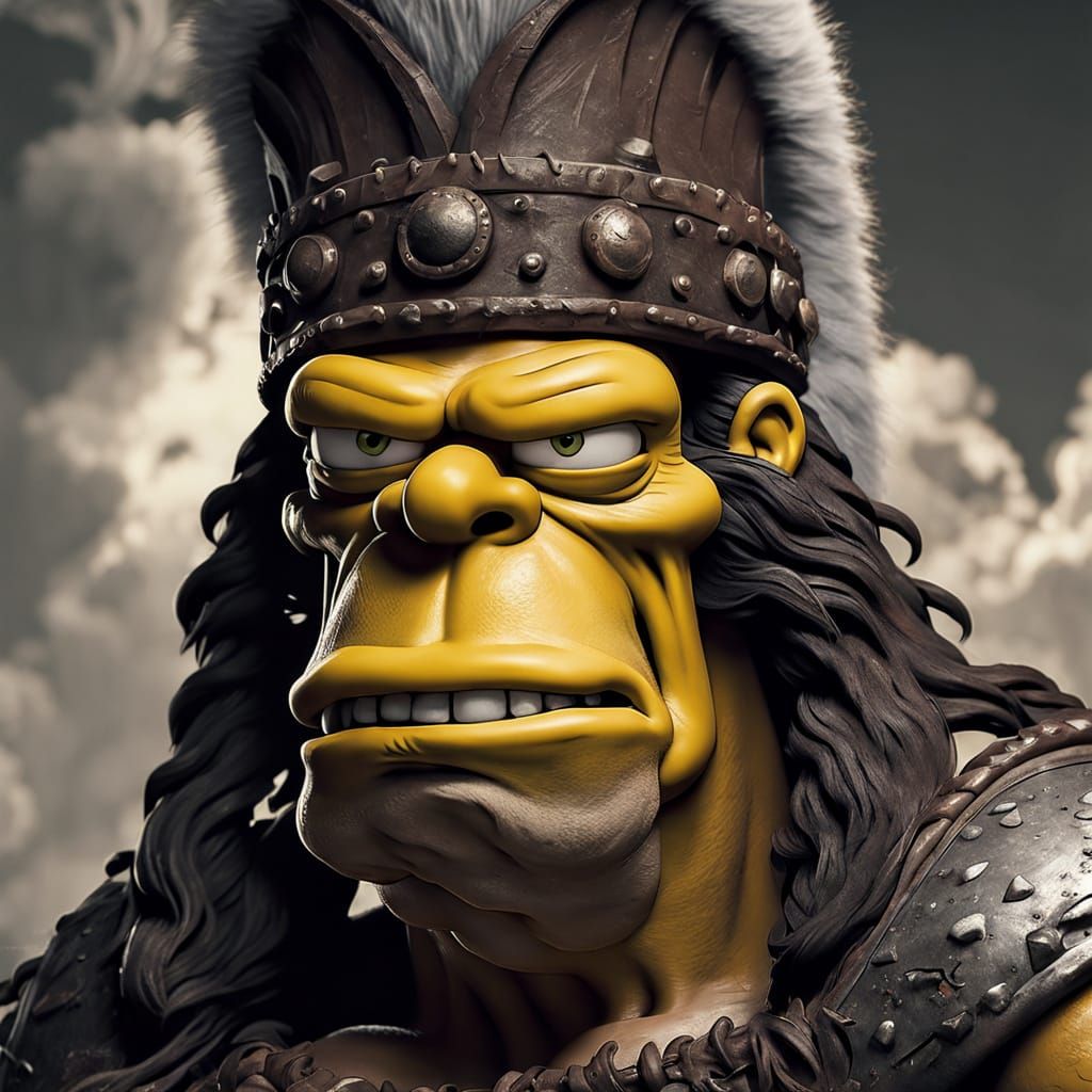 Homer Simpson as Conan the Barbarian in Dark Academia Style