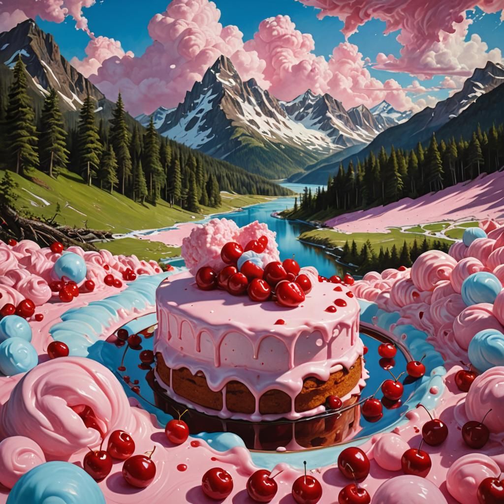 Hyperrealistic Cake Mountain Landscape with Syrup Rivers