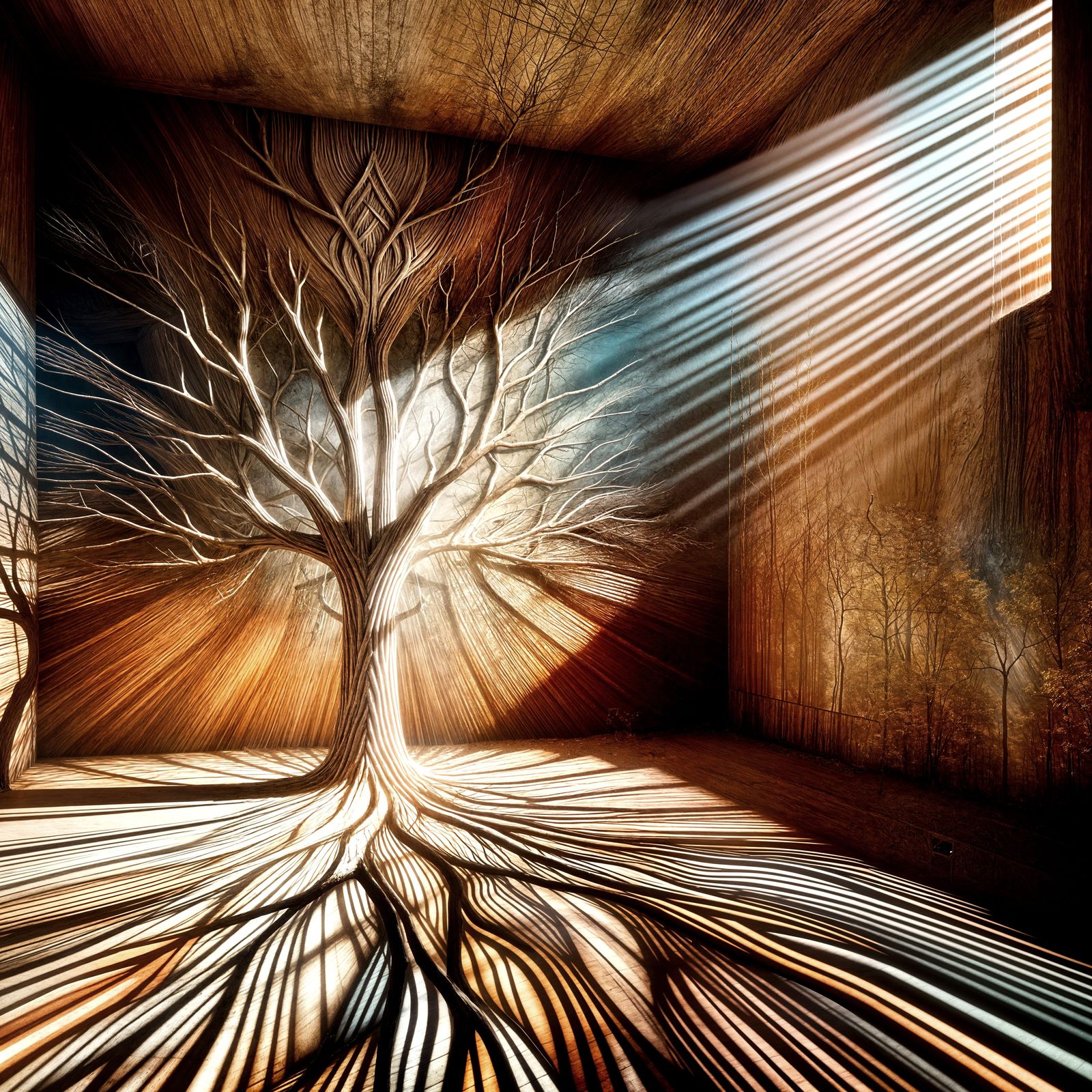Surreal Tree in Dreamlike Room with Warm Light