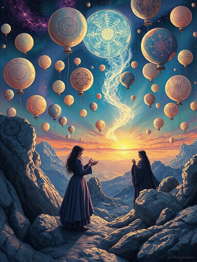 Cosmic Balloon Ritual in Vibrant Astral Hues