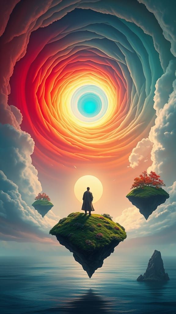 Surreal Landscape with Levitating Figure and Celestial Vorte...