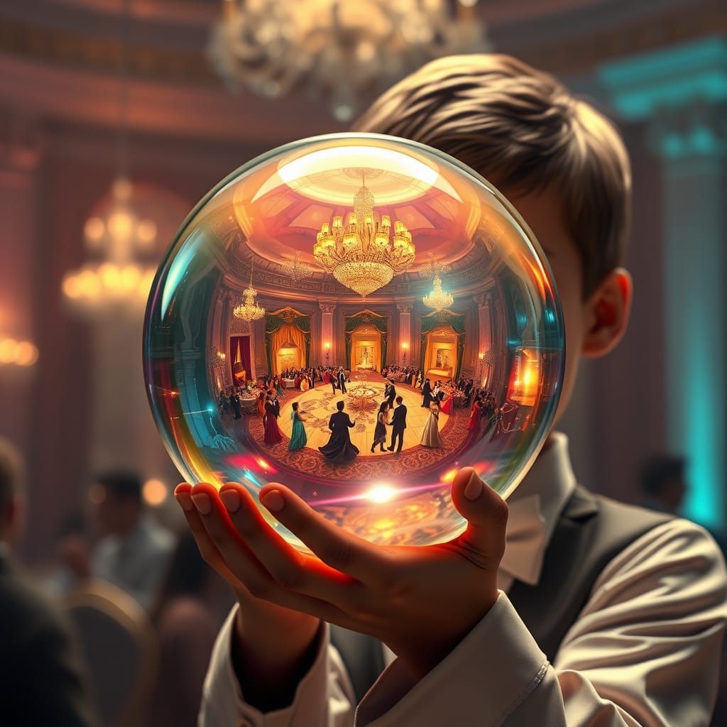 Elegant Boy Holds Crystal Ball with Swirling Formal Dance Sc...