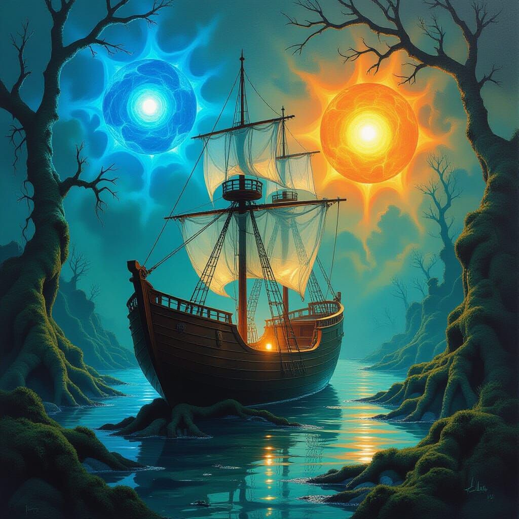 Glass Ship Orbits Suns Amidst Mossy Roots