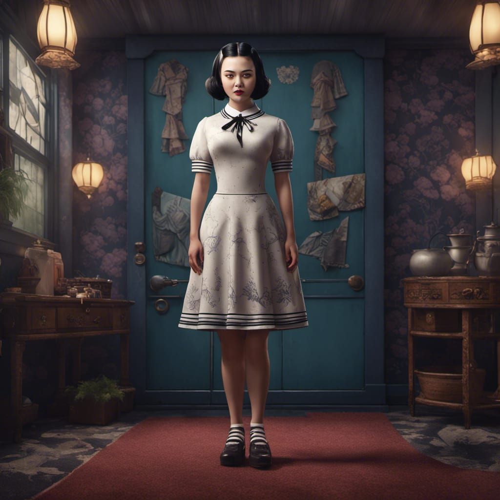 1950s Pin-Up Asian Wednesday Addams in Detailed Matte Painti...