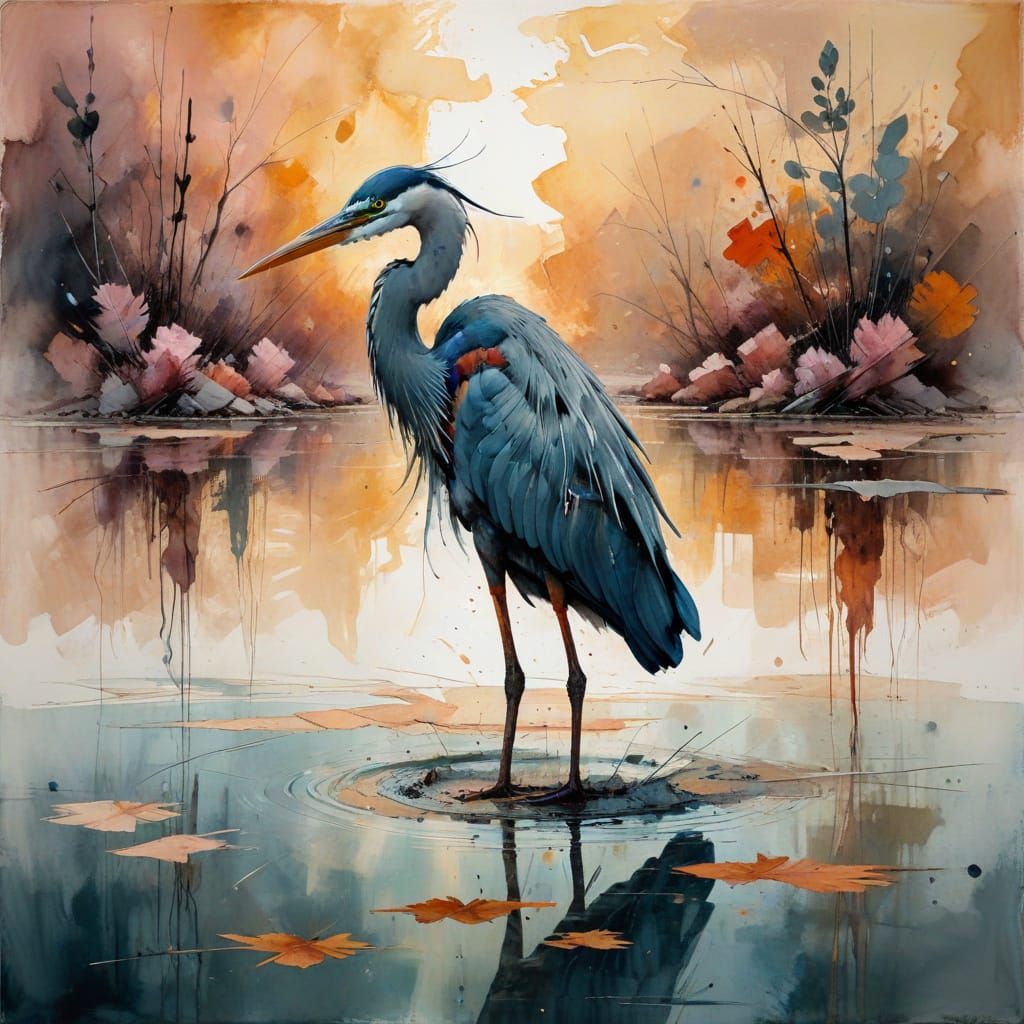 Vibrant Heron in Shallow Water: A Mixed Media Masterpiece