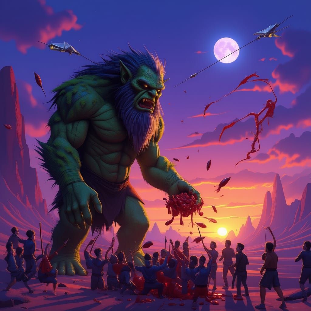 Ancient Troll Guardian in Alien Desert Landscape