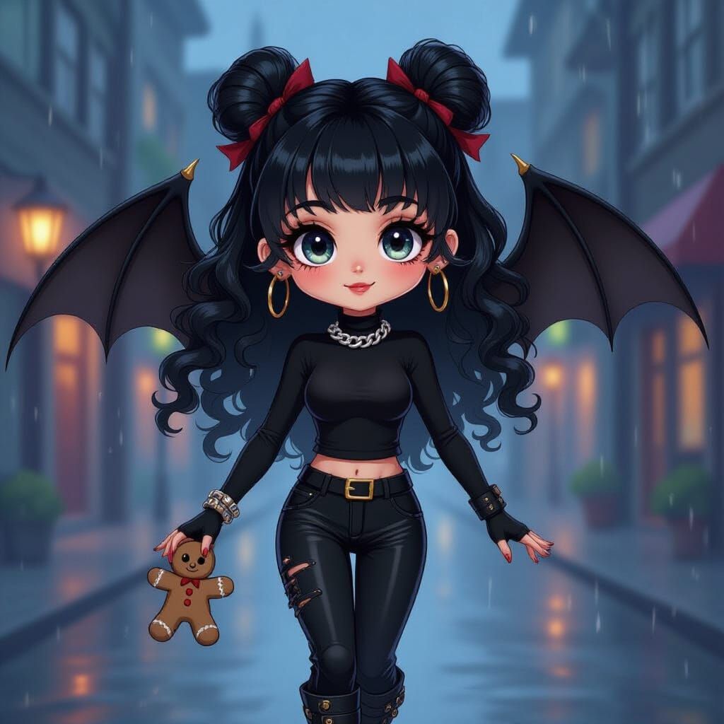 Manga Girl with Bat Wings on Rainy Street