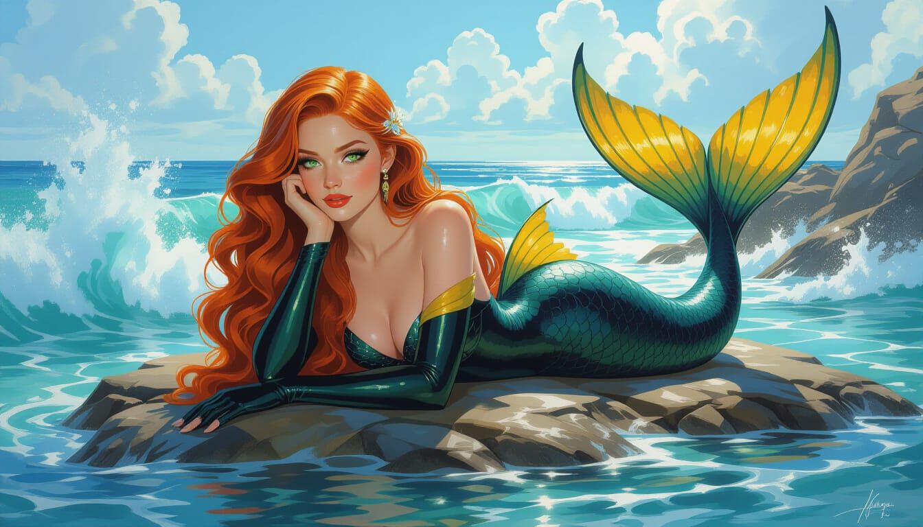Redhead Mermaid in Serene Fantasy Setting
