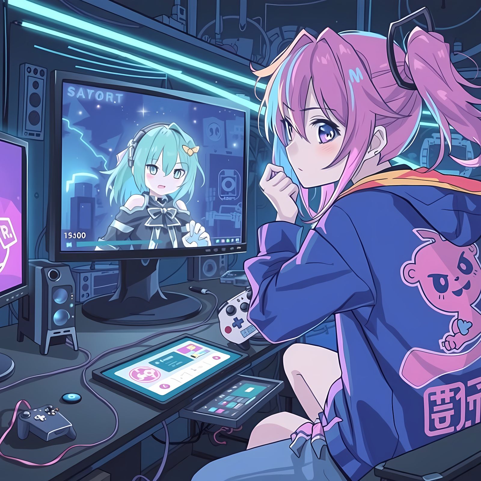 Anime Gamer Girl with Controller in Hand