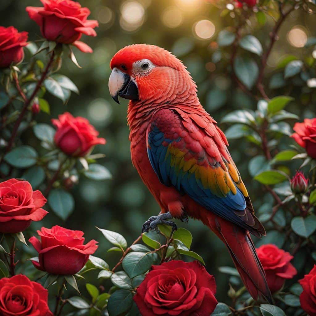 Vibrant Red Parrot on a Blooming Rose Bush in Macro Photogra...