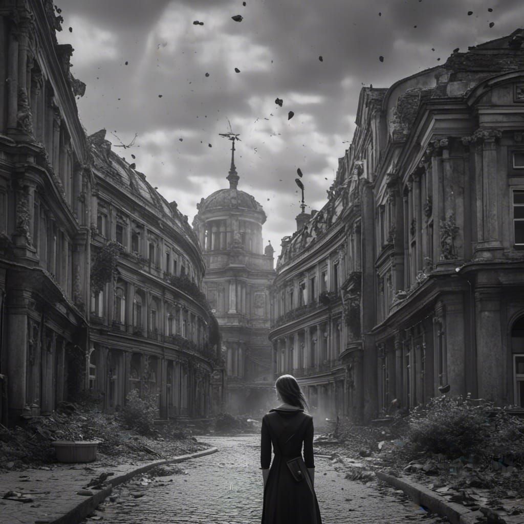 Young Woman in Berlin Street: Black and White Matte Painting