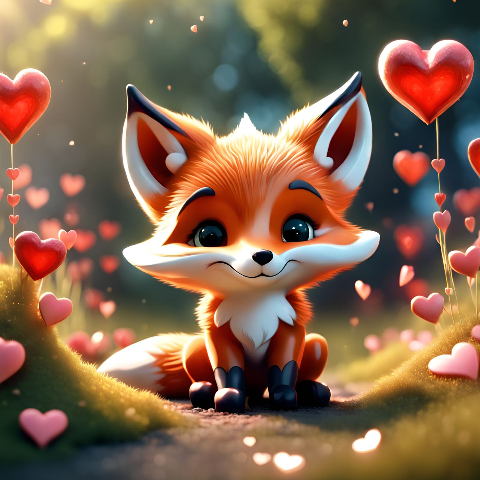 Chibi Fox Surrounded by Hearts, Detailed Digital Art