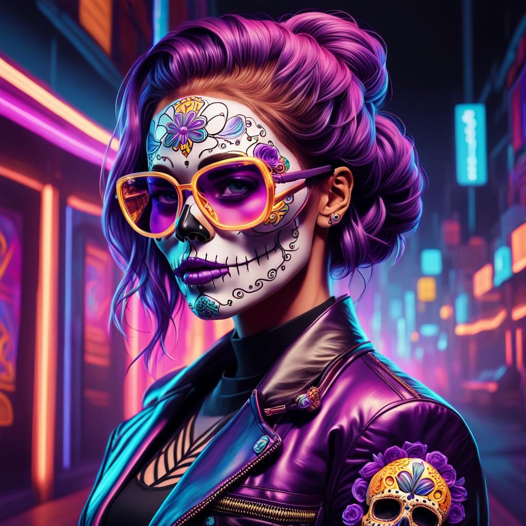 Neon Catrina Illustration in Synthwave Style