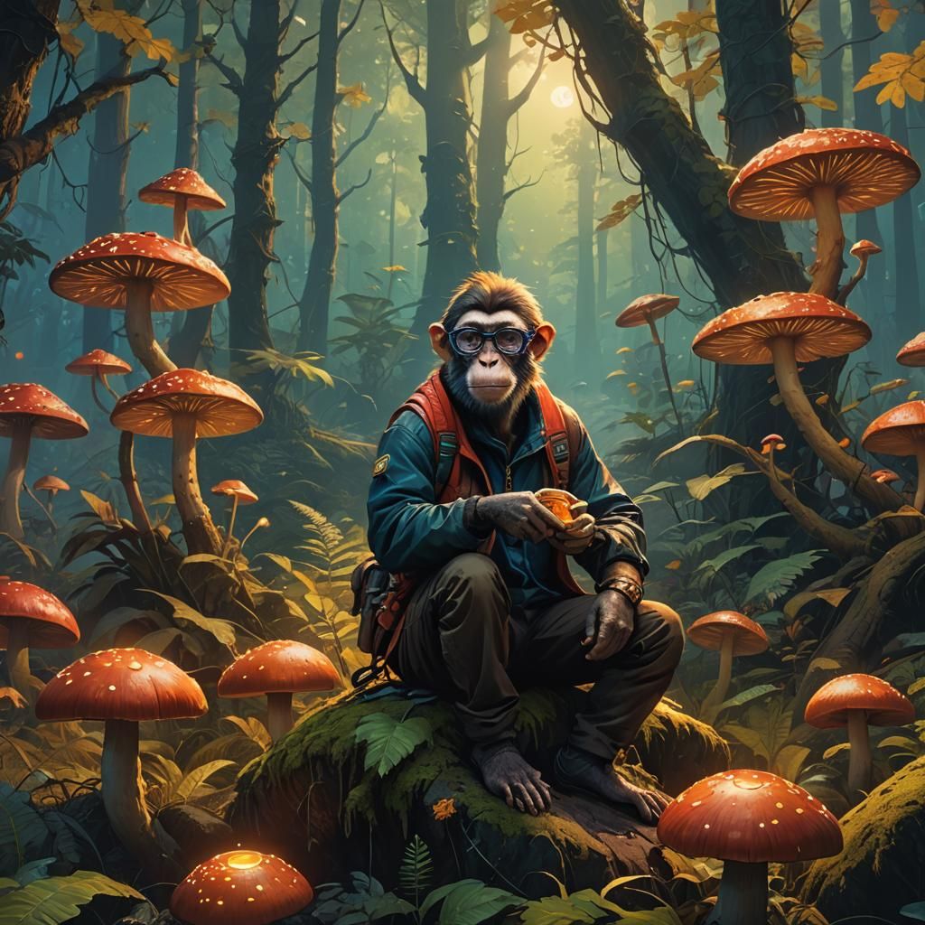 Monkey Man on Mushroom in Fantasy Art Style