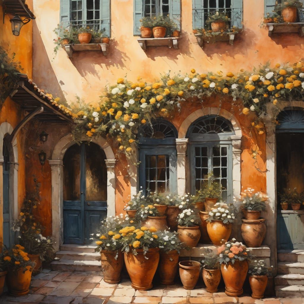 Mediterranean Seaside Estate with Terracotta Pots in Oil Pai...