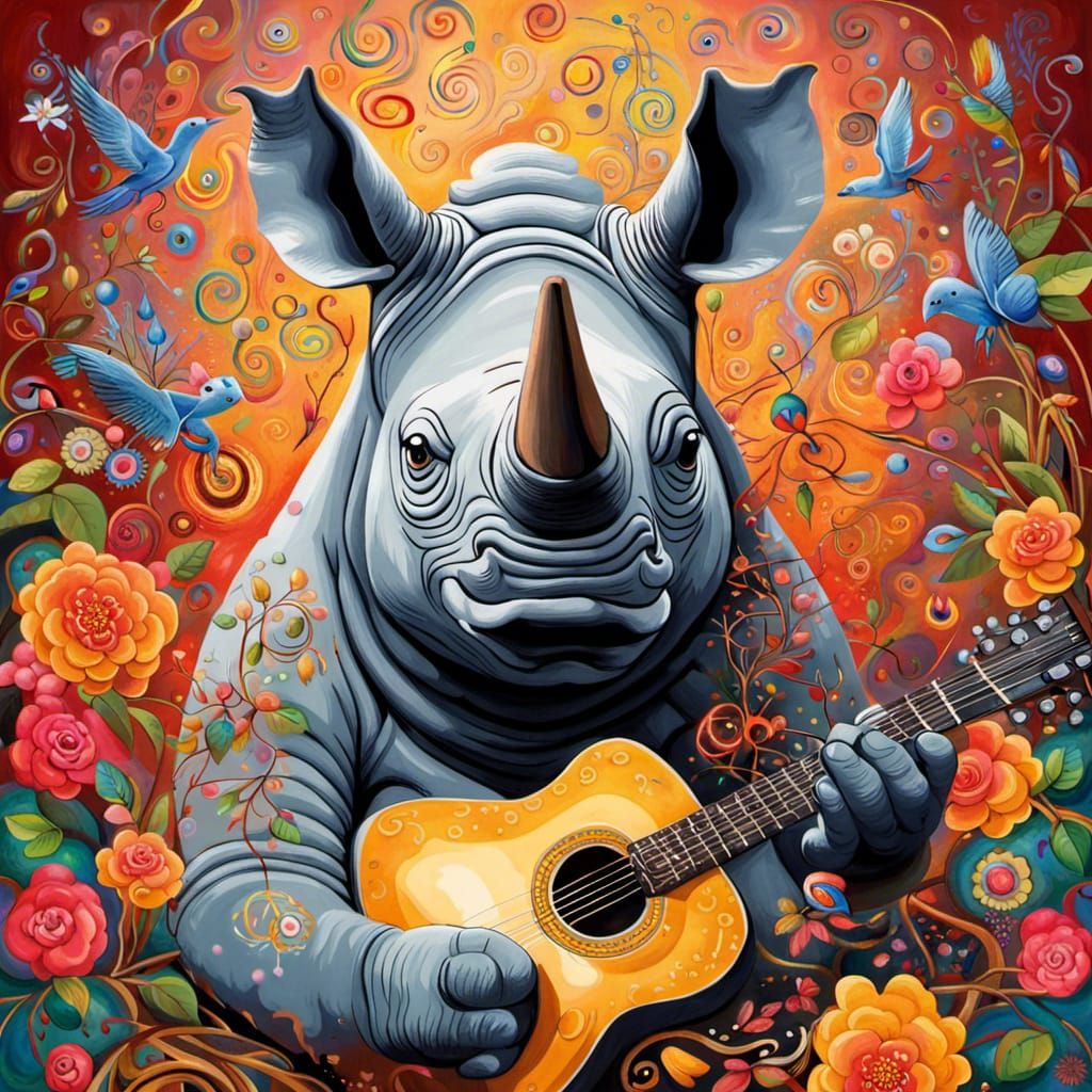 Rhinoceros Playing Guitar in Boulet Style