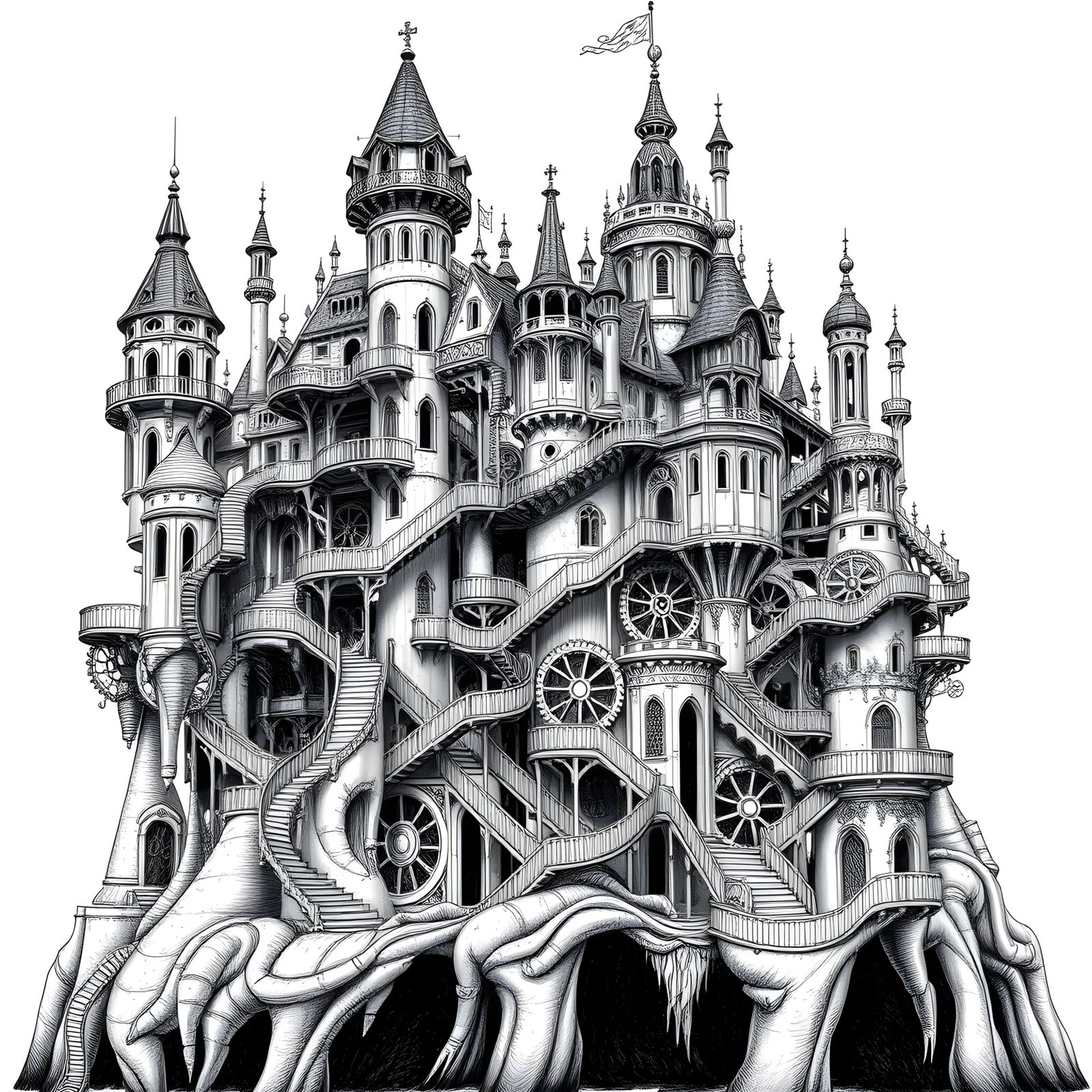 Steampunk Castle Doodle Drawing in Escher Style