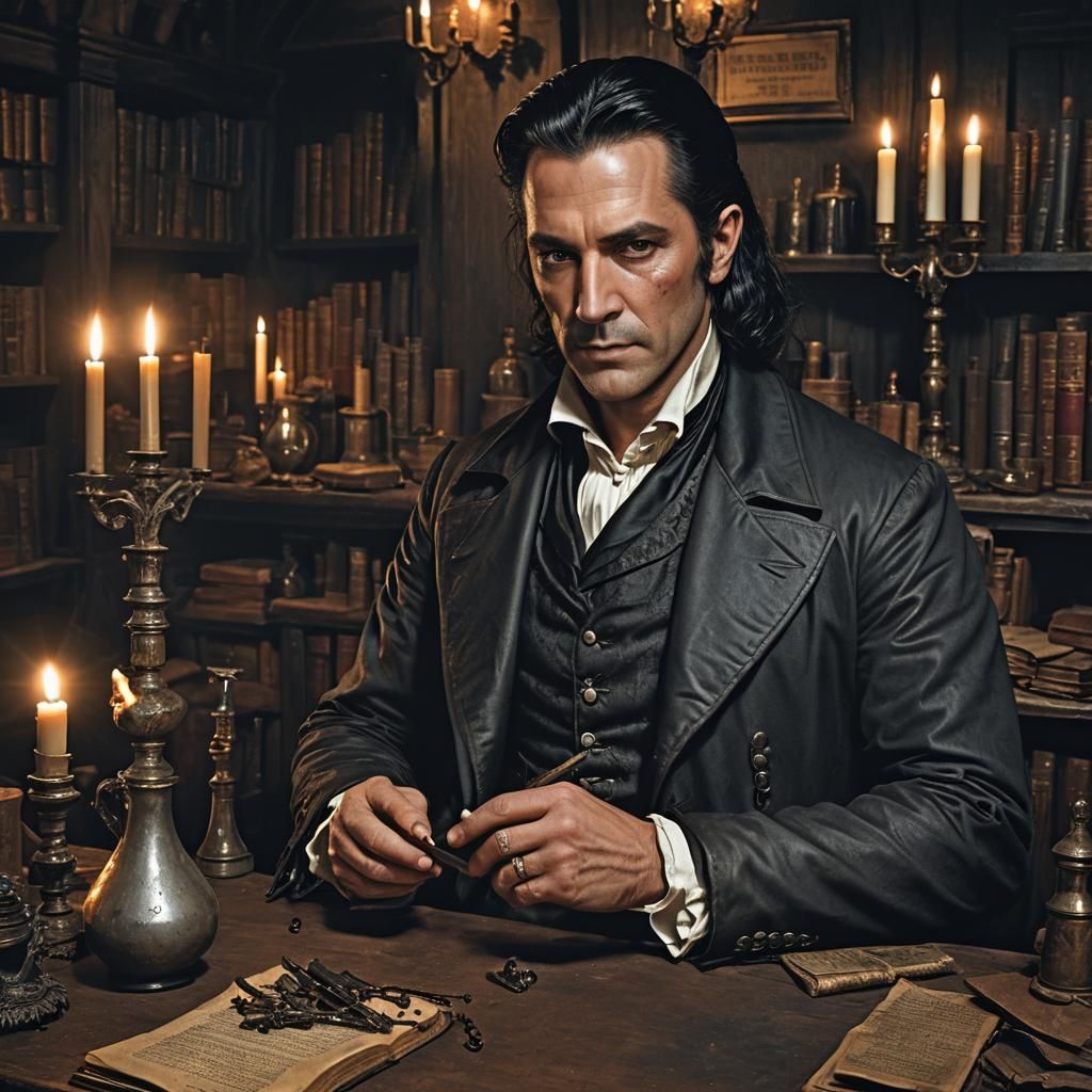 Weathered Noble Van Helsing in Candlelight, Fantasy Art