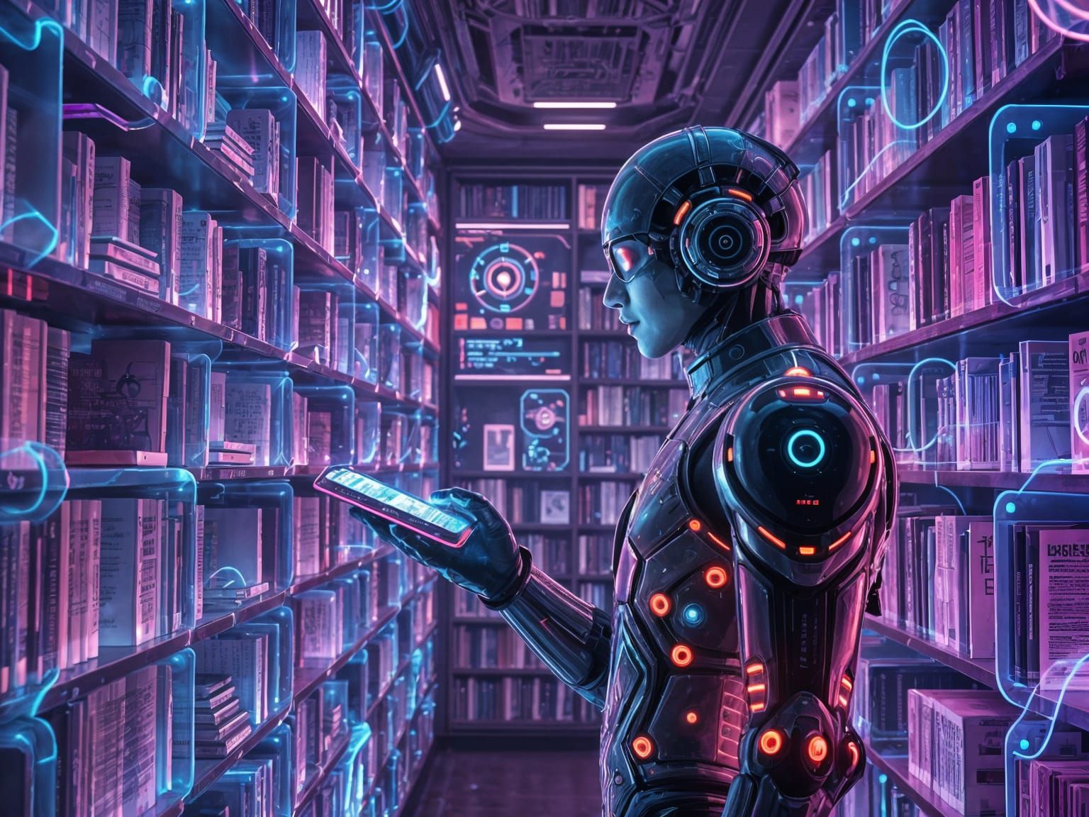 Surreal Cyberpunk Library in Vibrant Neon Colors