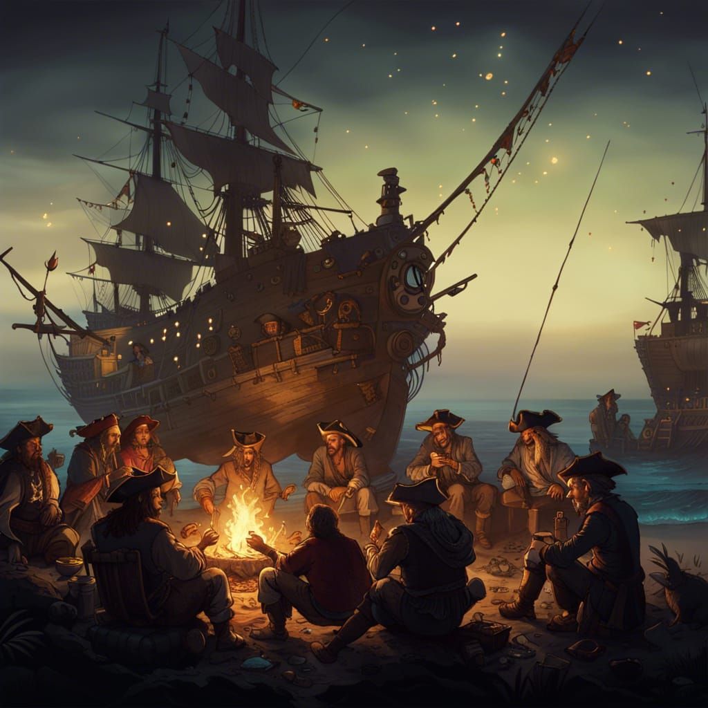 Pirates Gather 'Round Bonfire on Beach at Night