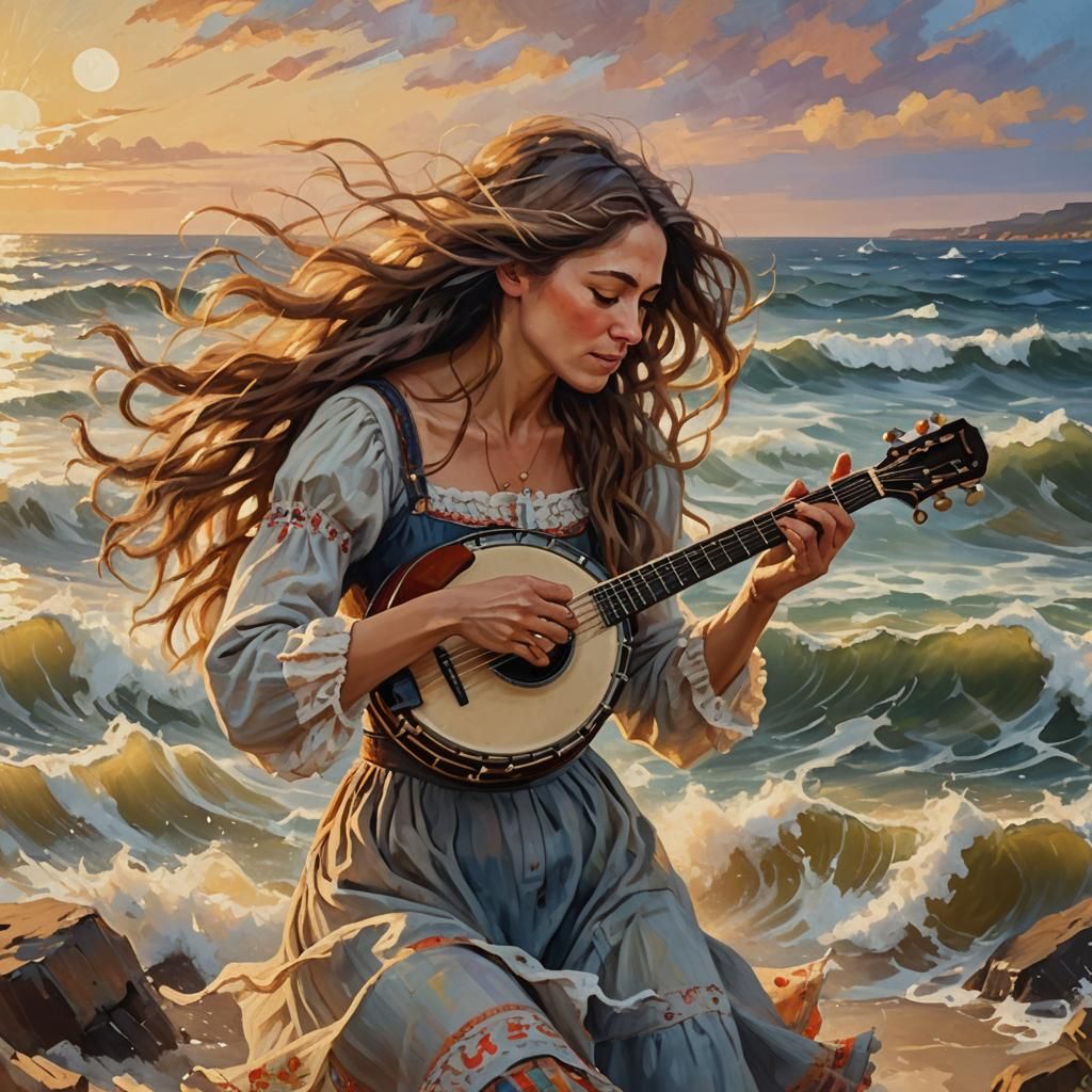 Impressionist Woman Playing Banjo by the Ocean