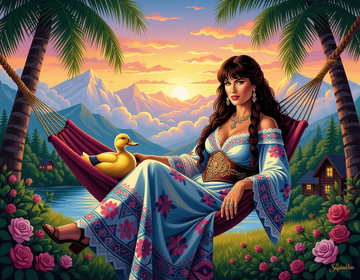 Warrior Princess in Floral Dress with Duck, Patchwork Acryli...