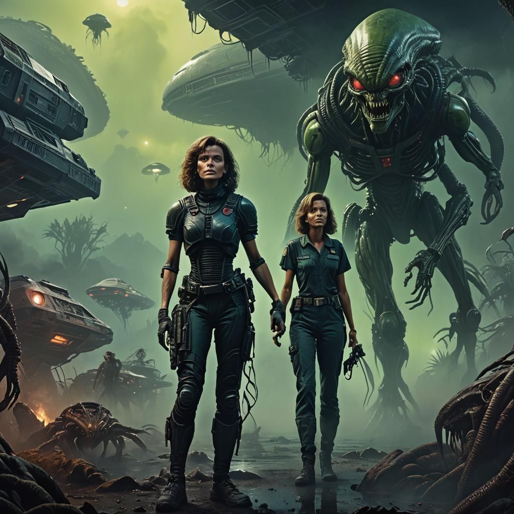 Retro Pulp Art: Alien and Model in Horror Scene