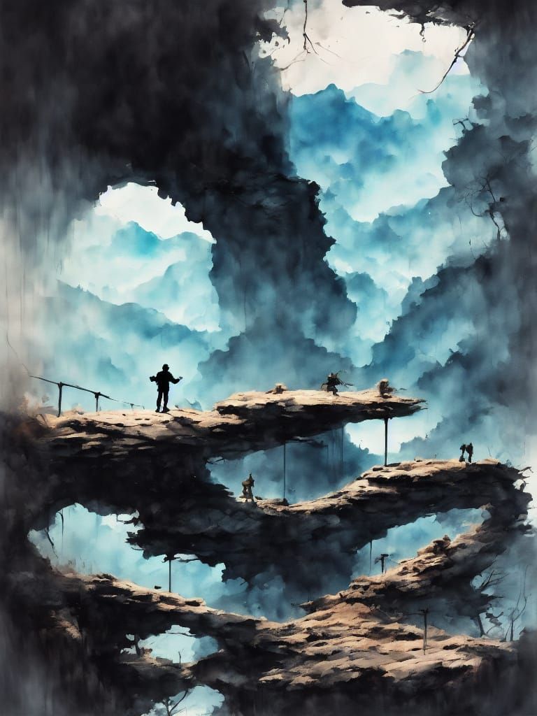 Afrofuturistic Man on Cloud Bridge: Surreal Oil Painting