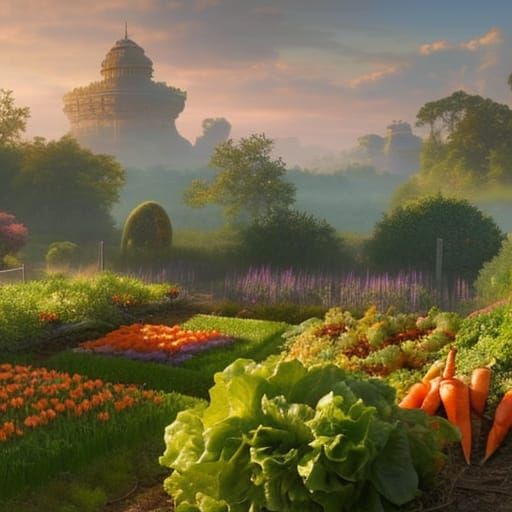 Vegetable Garden at Dawn: Solarpunk Spring Landscape