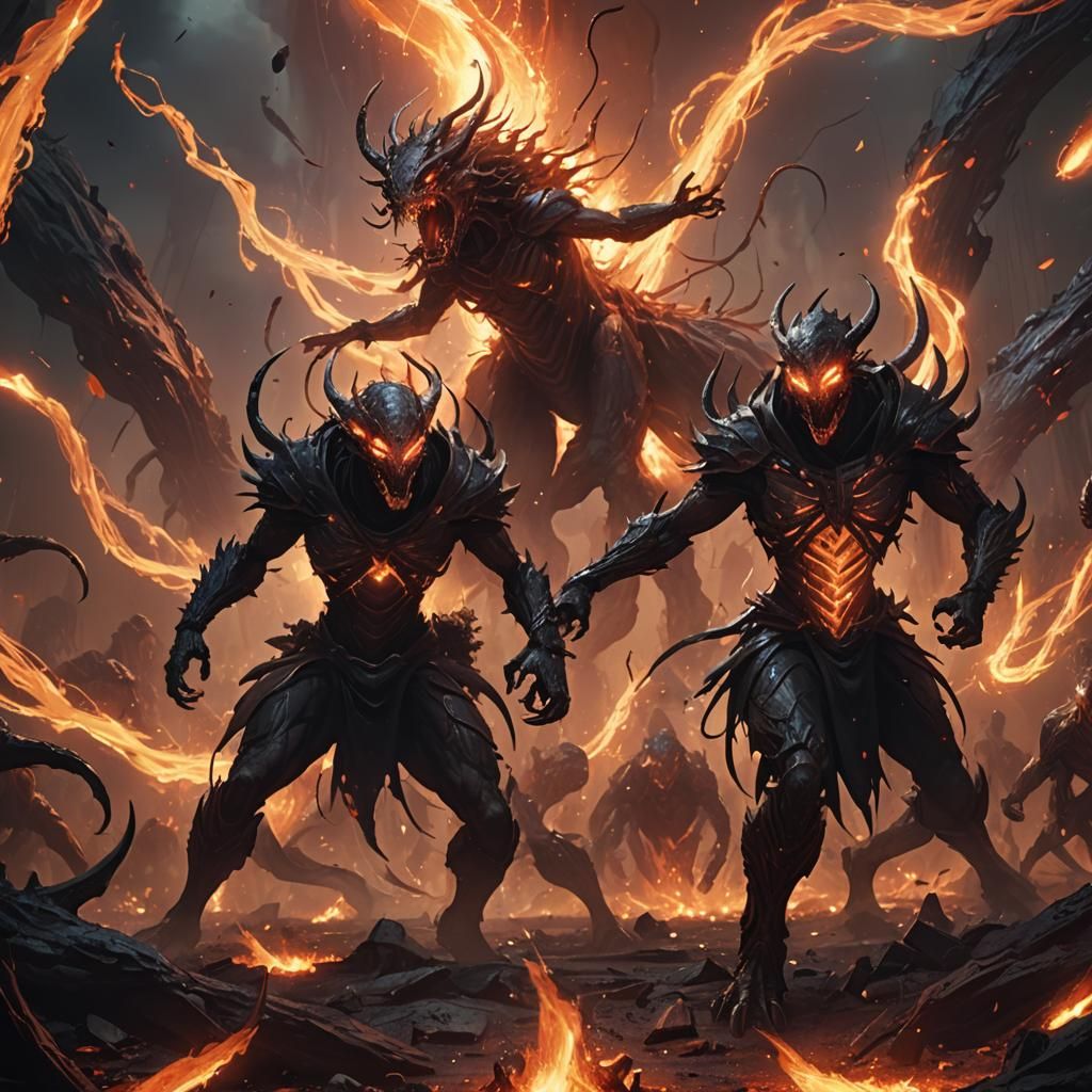 Ethereal Beasts Clash Amidst Blazing, Twisted Landscape