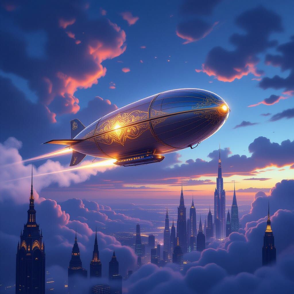 Airship Soaring Through Twilight Sky, Art Nouveau Style