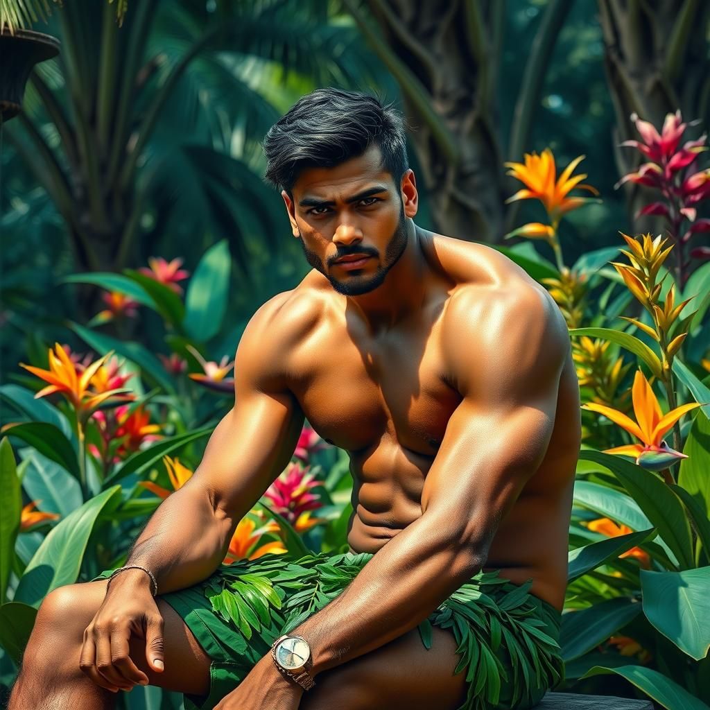 Muscular Man in Lush Garden, Concept Art