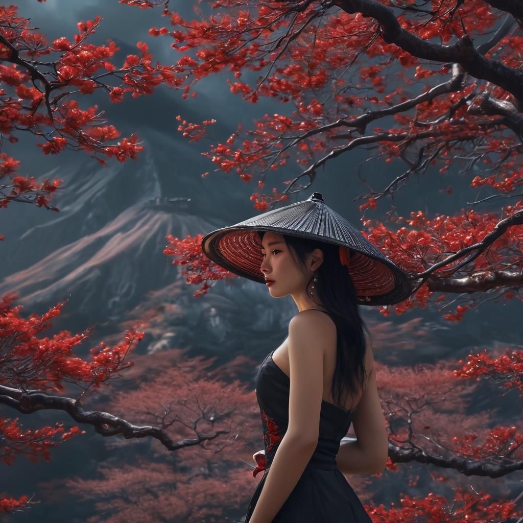 Woman at Mount Fuji: Gouache Watercolor Impressionist Painti...