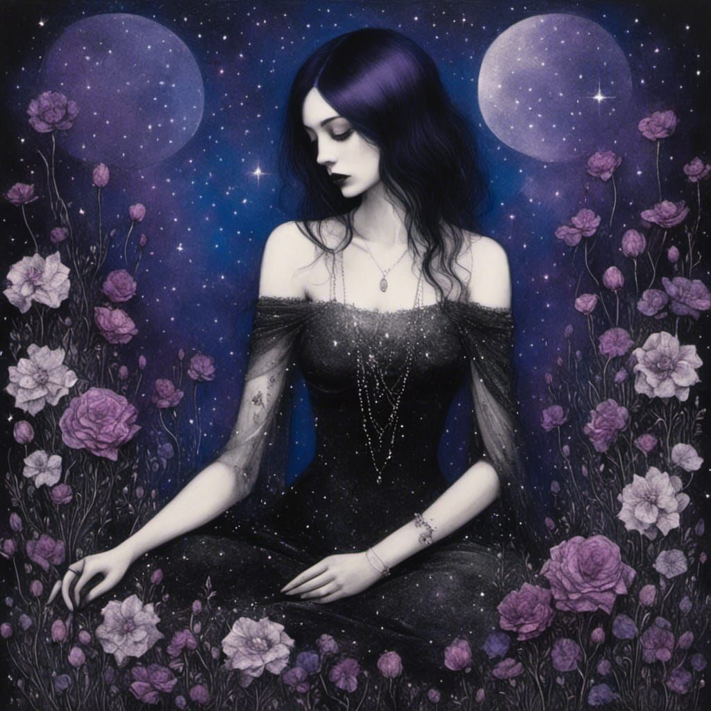 Charcoal Drawing of a Sad Woman Picking Flowers