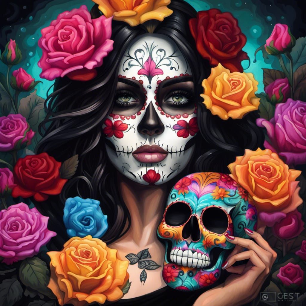 Woman with Sugar Skull in Graffiti Art Style