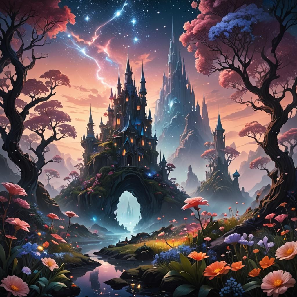 Mystical Landscape with Ethereal Structures in Twilight