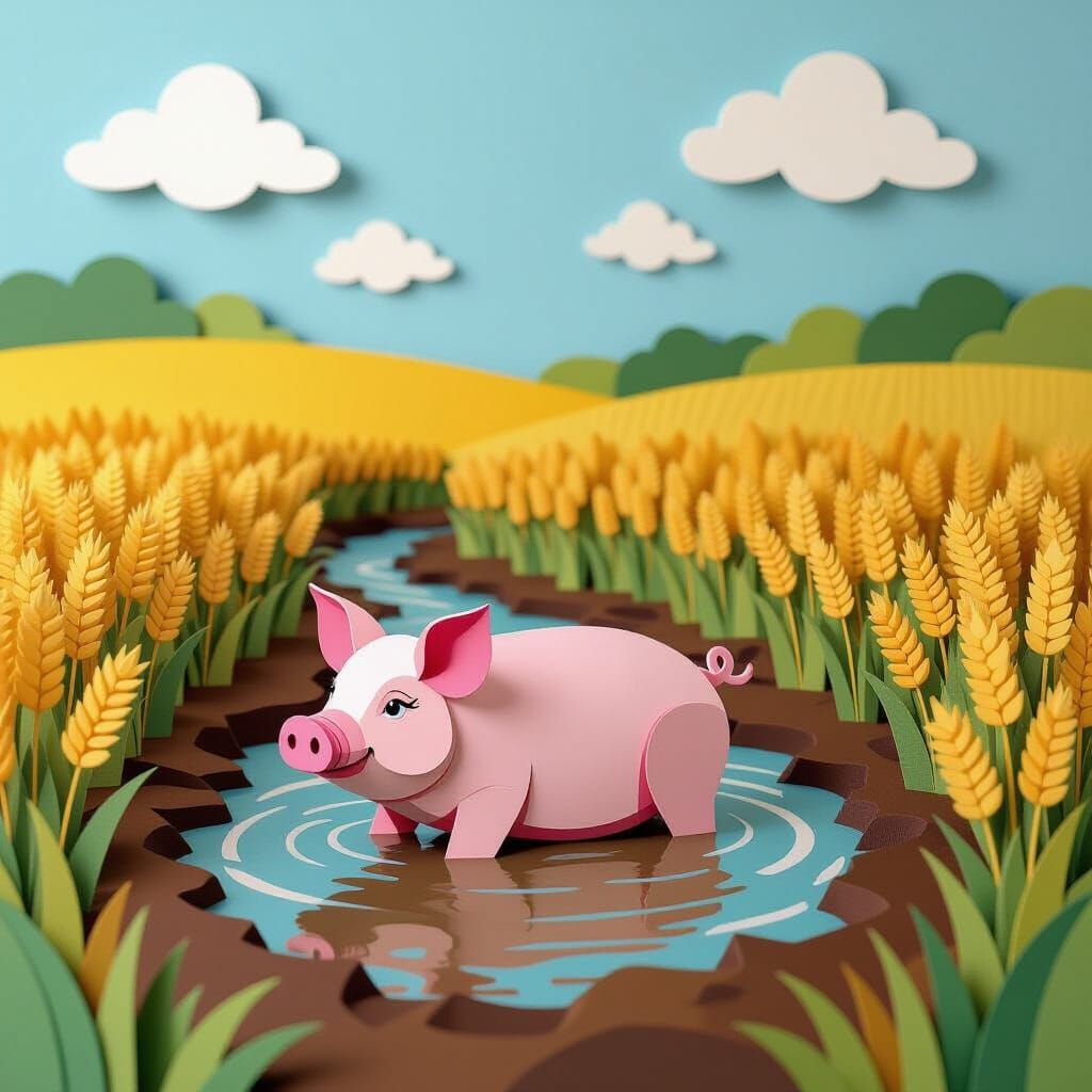 Pig in Mud: Paper Collage Farm Scene