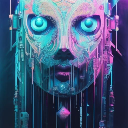 Android Cyborg in Cyberpunk Style, Gouache Illustration