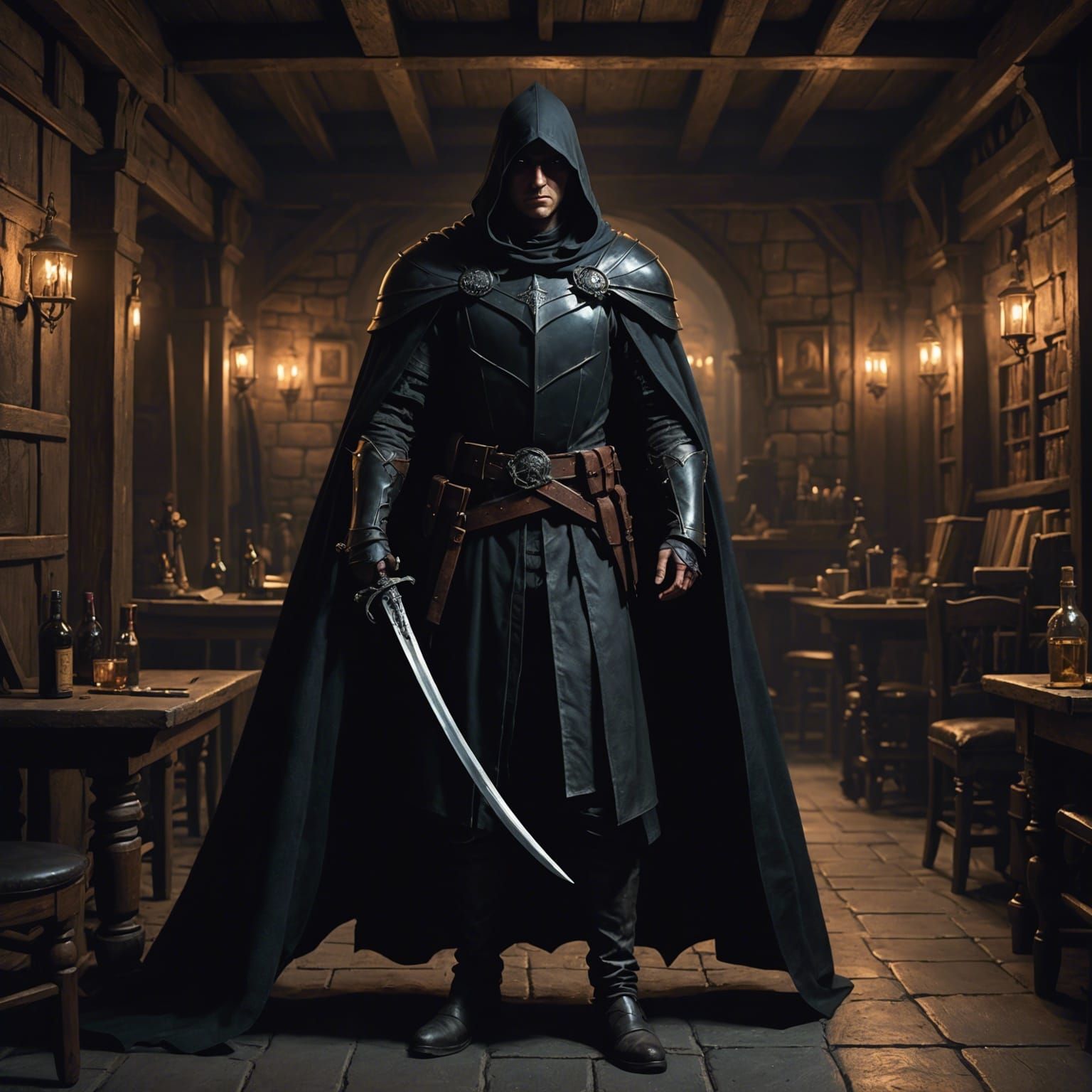 Dark Fantasy Eyeless Figure in Tavern, Detailed Digital Art