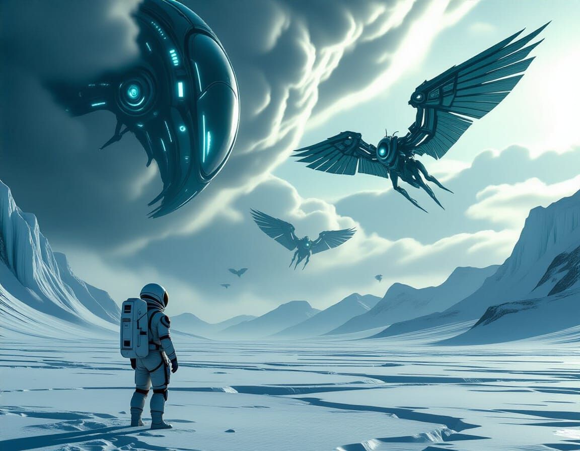 Astronaut on Frozen Planet Gazing at Biomechanical Sky