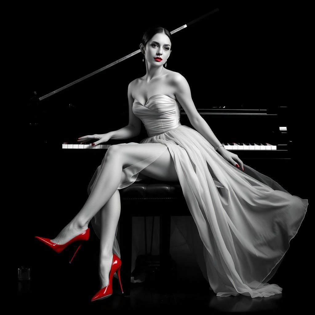 Elegant Woman at Grand Piano in Monochrome