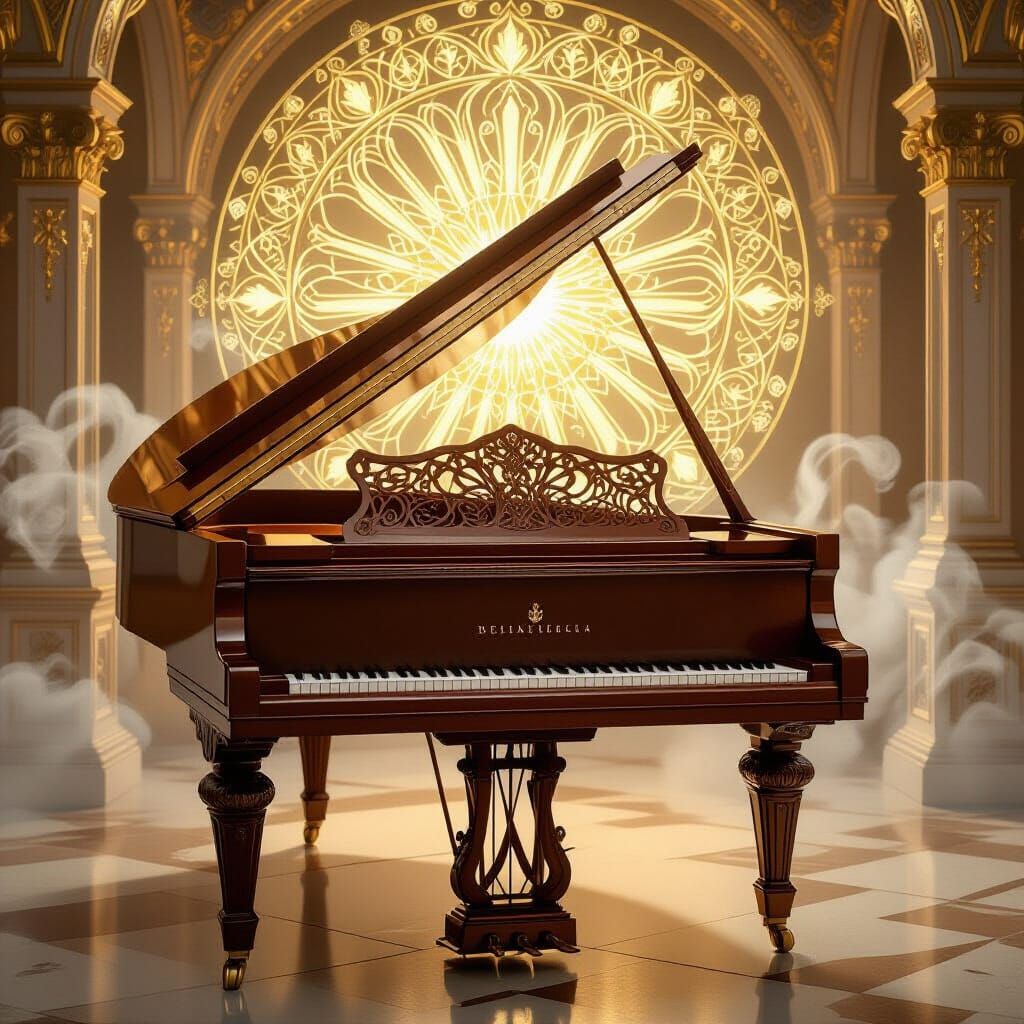 Ornate Grand Piano with Golden Aura in Art Nouveau Style