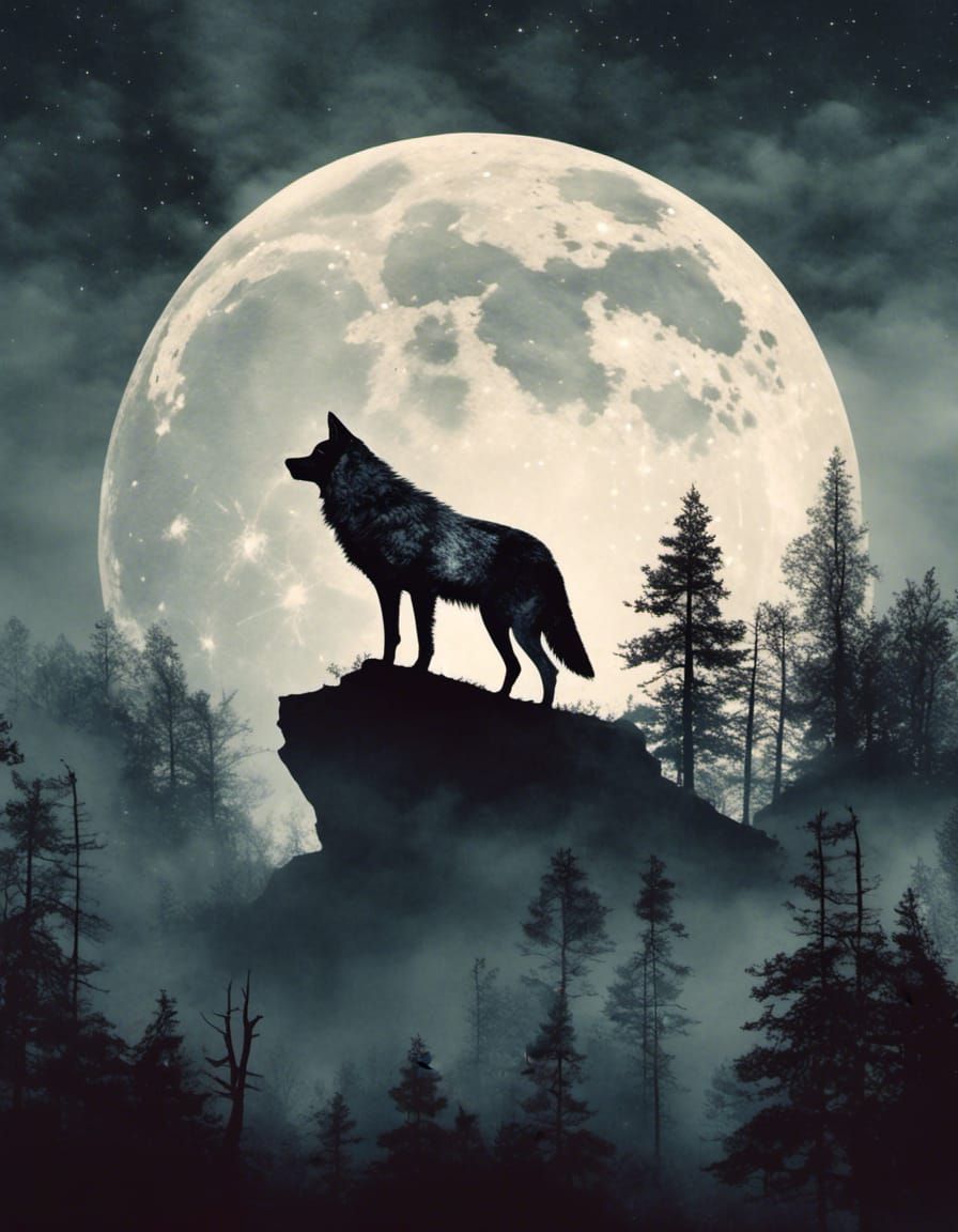 Eerie Double Exposure: Wolf and Old West Moon