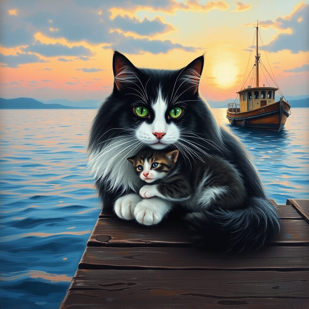 Black and White Cat with Kitten in Impasto Painting