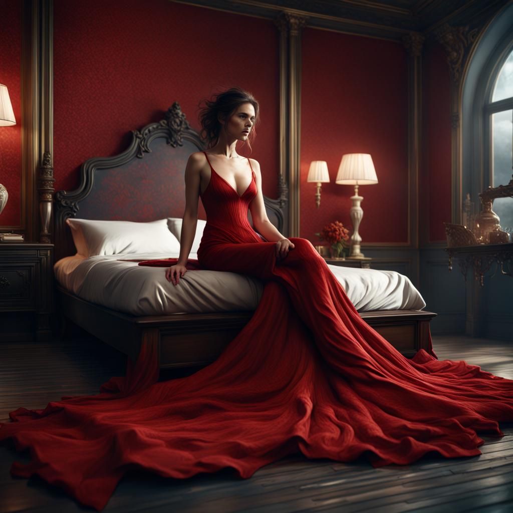 Woman in Red Dress: Detailed Fantasy Matte Painting