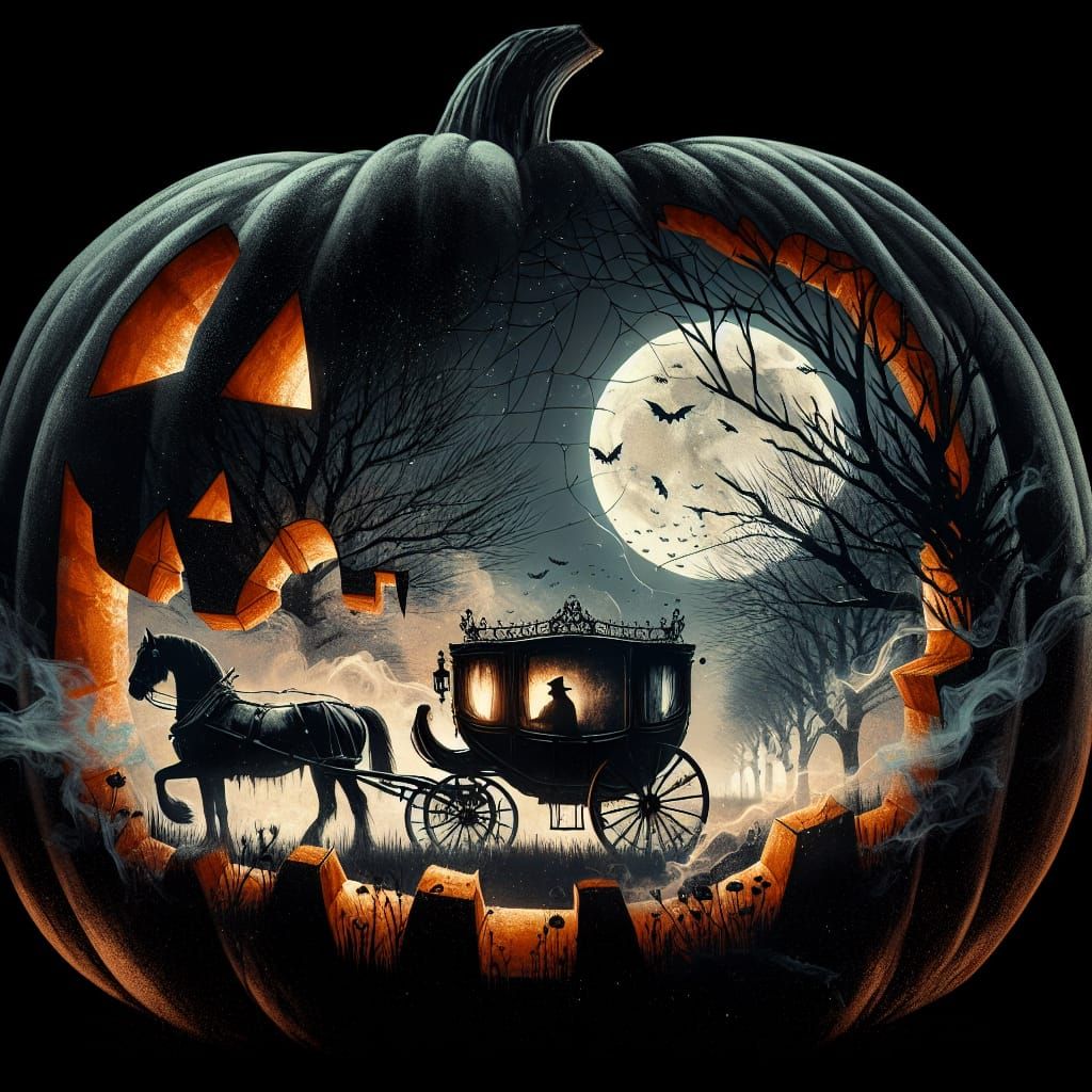 Spooky Double Exposure: Pumpkin, Carriage, and Moonlight