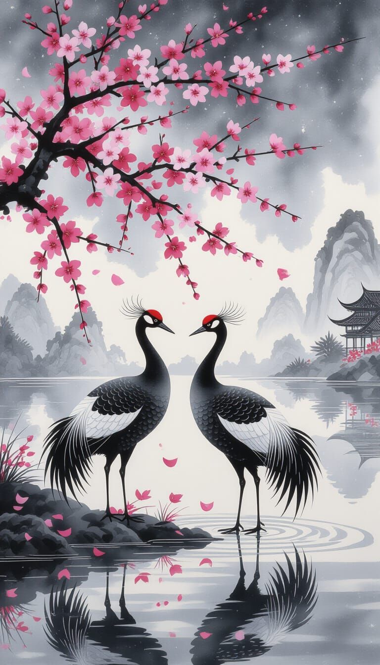 Chinese Landscape Painting with Cranes and Cherry Blossoms