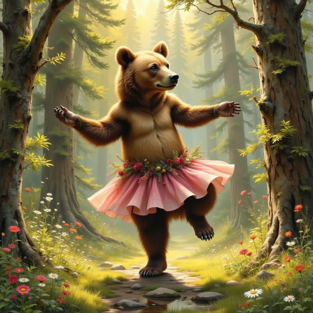 Ballet Grizzly Bear in Sunlit Forest Clearing