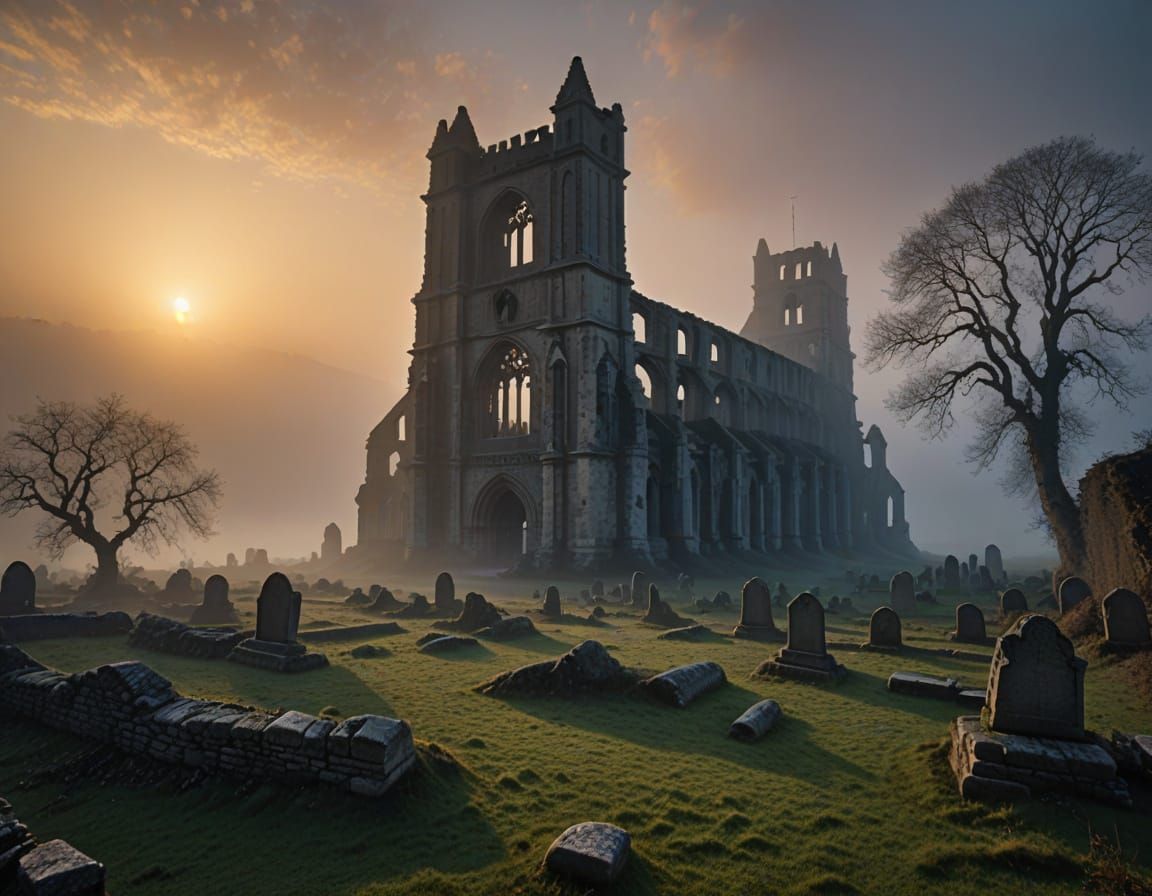 Mystical Ruined Abbey at Dawn: High-Resolution Photography